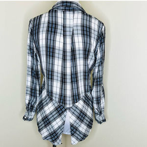 Sam Edelman Split Back Button Down Shirt SMALL Black Plaid Long Sleeve White Top